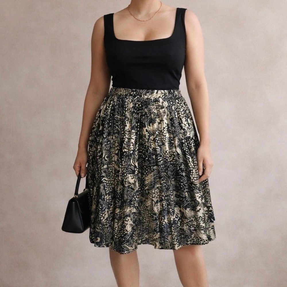 Vintage Marnie West L Black Gold Metallic Abstract Pleated Skirt Elastic Waist
